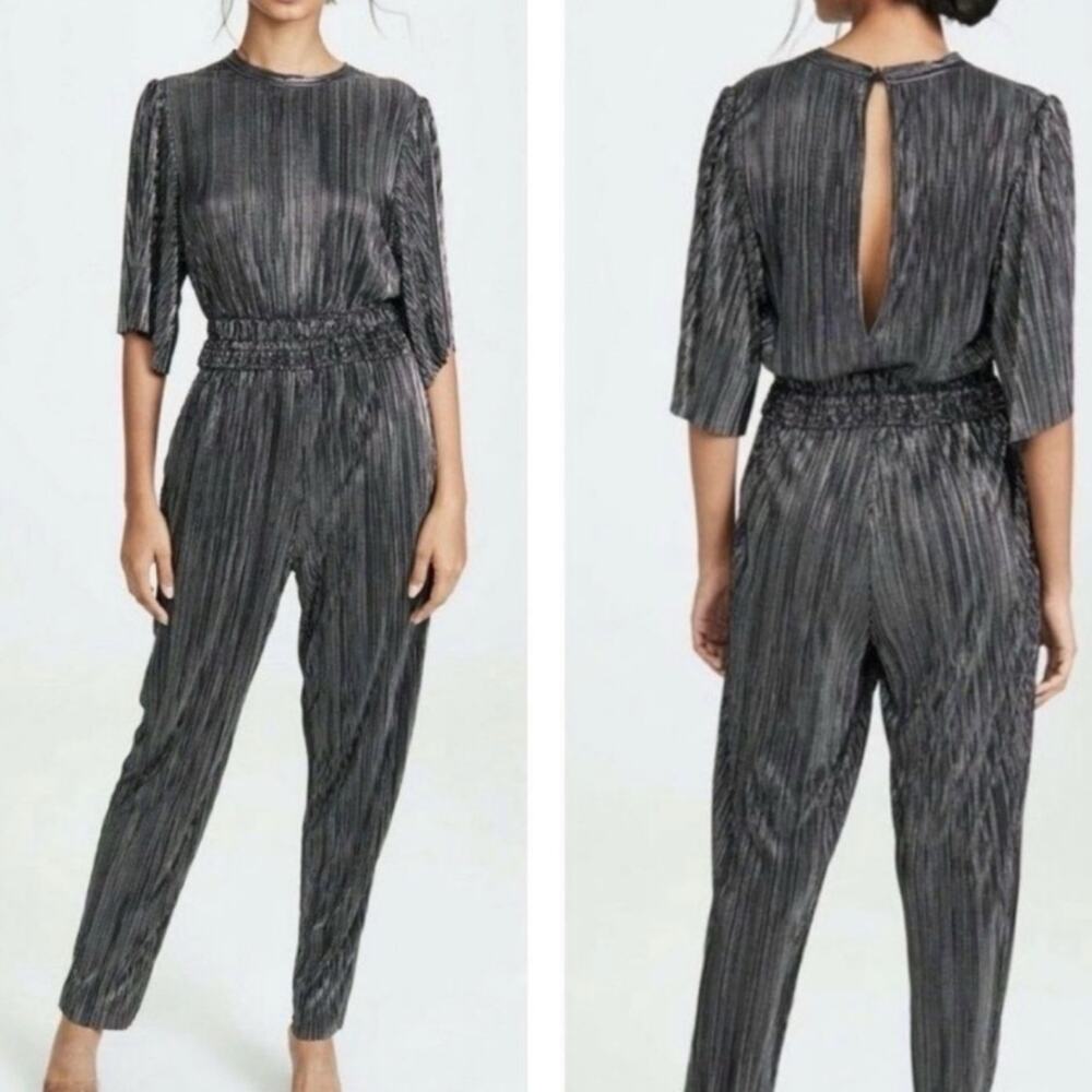 IRO Chimbote Black Silver Metallic Plisse Pleated Jumpsuit 34 XS NWT